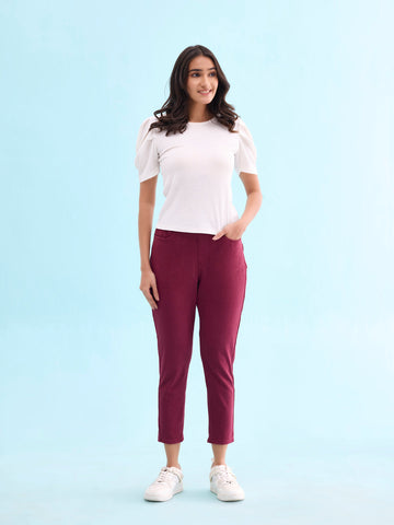 Women Solid Maroon Mid Rise Cropped Jeggings