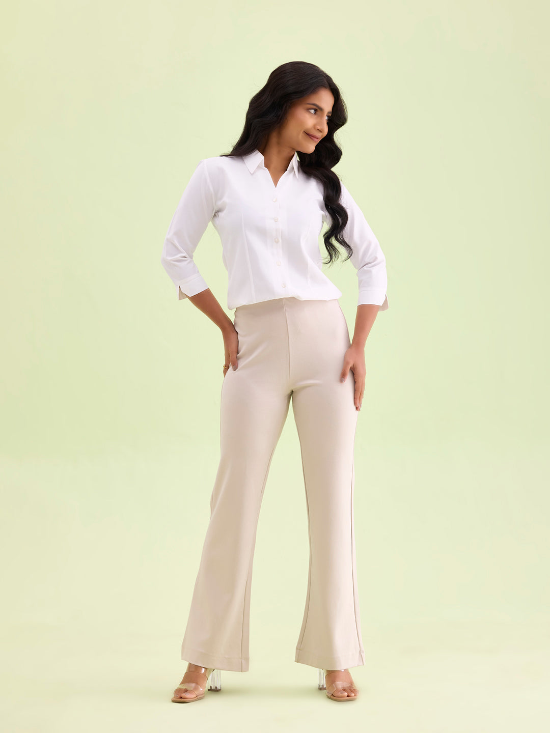 Women Solid Cream High Rise Ponte Bell Bottoms