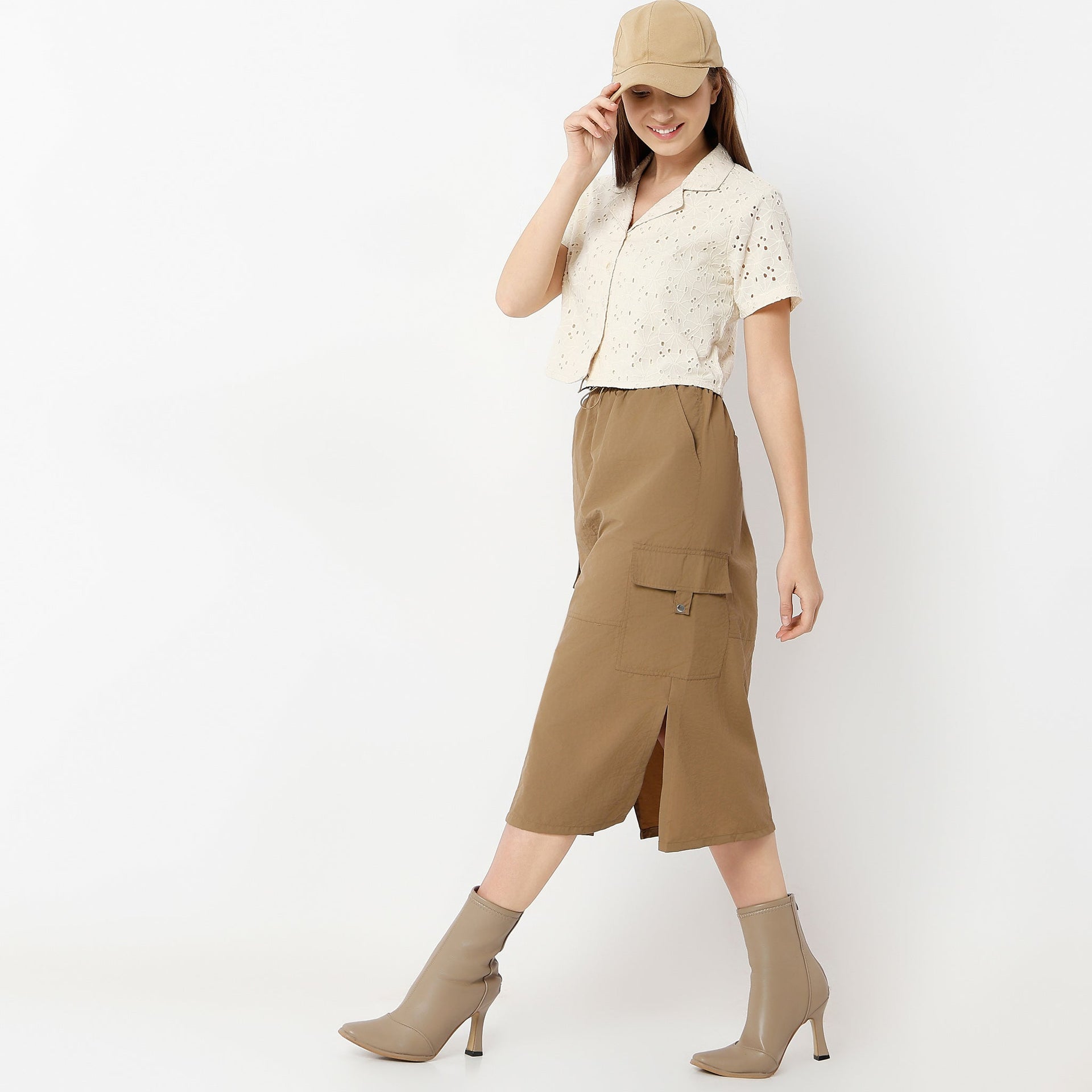 Calf Length Solid Betty Skirt With Side Slit And Patch Pockets