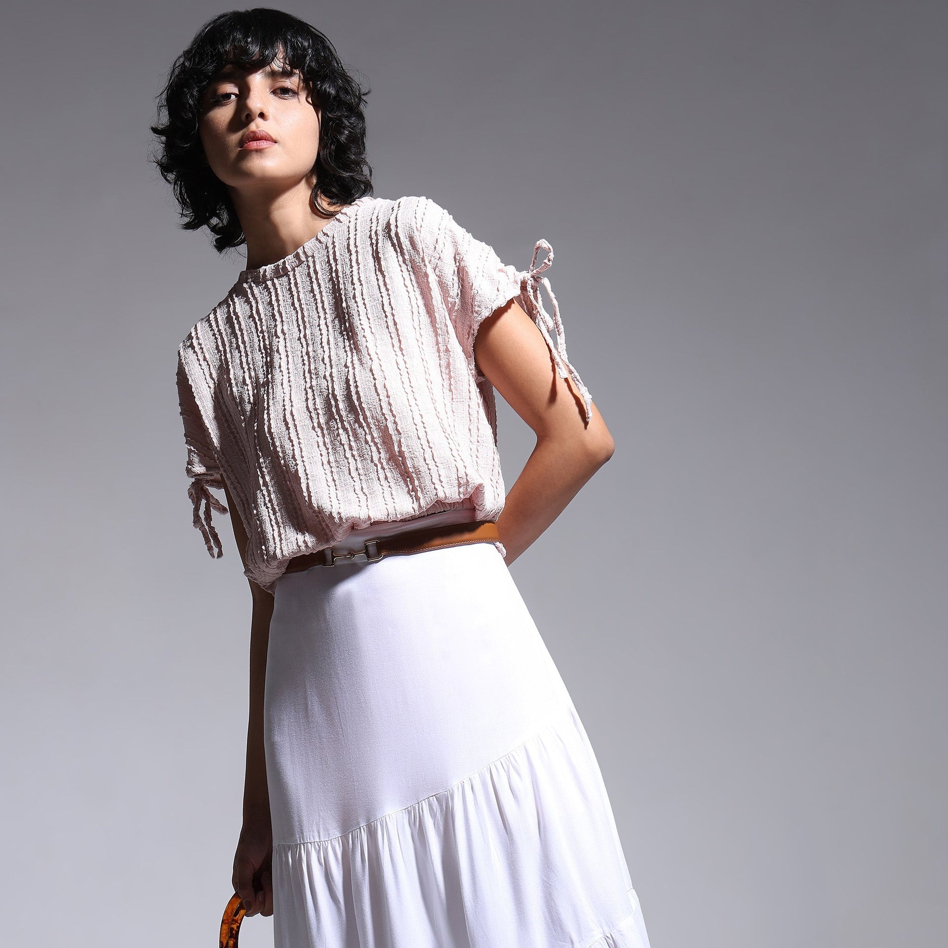 Betty Fashion Dolman Sleeve Top With Extended Shoulder With Drawstring Tie Detail