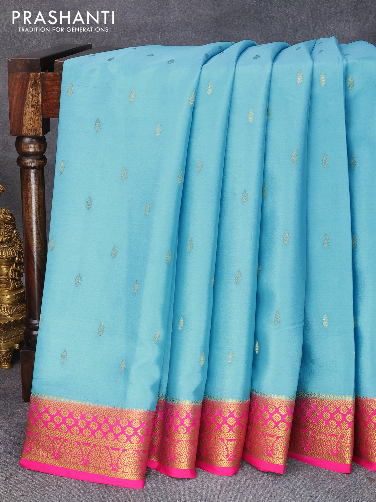 Pure mysore silk saree light blue and pink with zari woven buttas and zari woven border