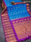 Pure gadwal silk saree cs blue and purple with allover zari woven buttas and temple design long elephant & peacock zari woven border