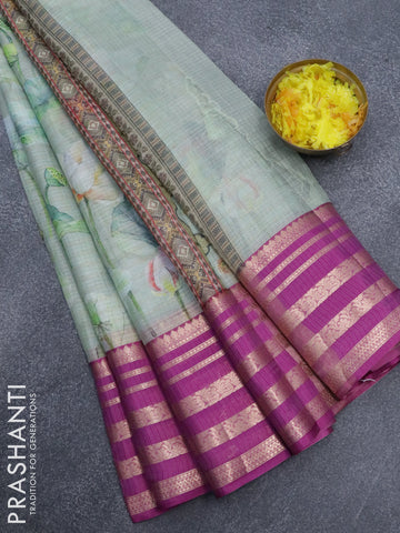 Banarasi kota saree pastel green and purple with floral digital prints & zari stripes pattern and zari woven border