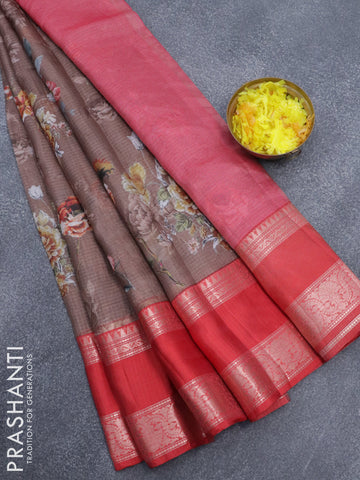 Banarasi kota saree dark brown and red with floral digital prints and rettapet zari woven border