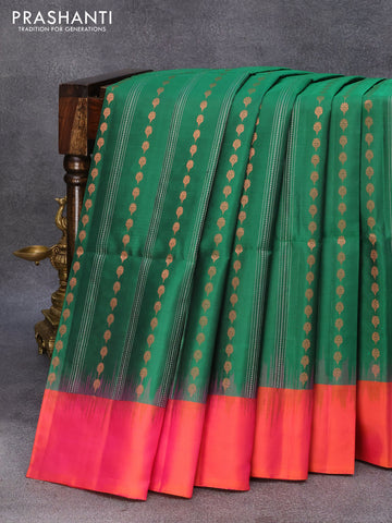 Pure soft silk saree green and dual shade of pinkish orange with allover silver & copper zari weaves and simple border