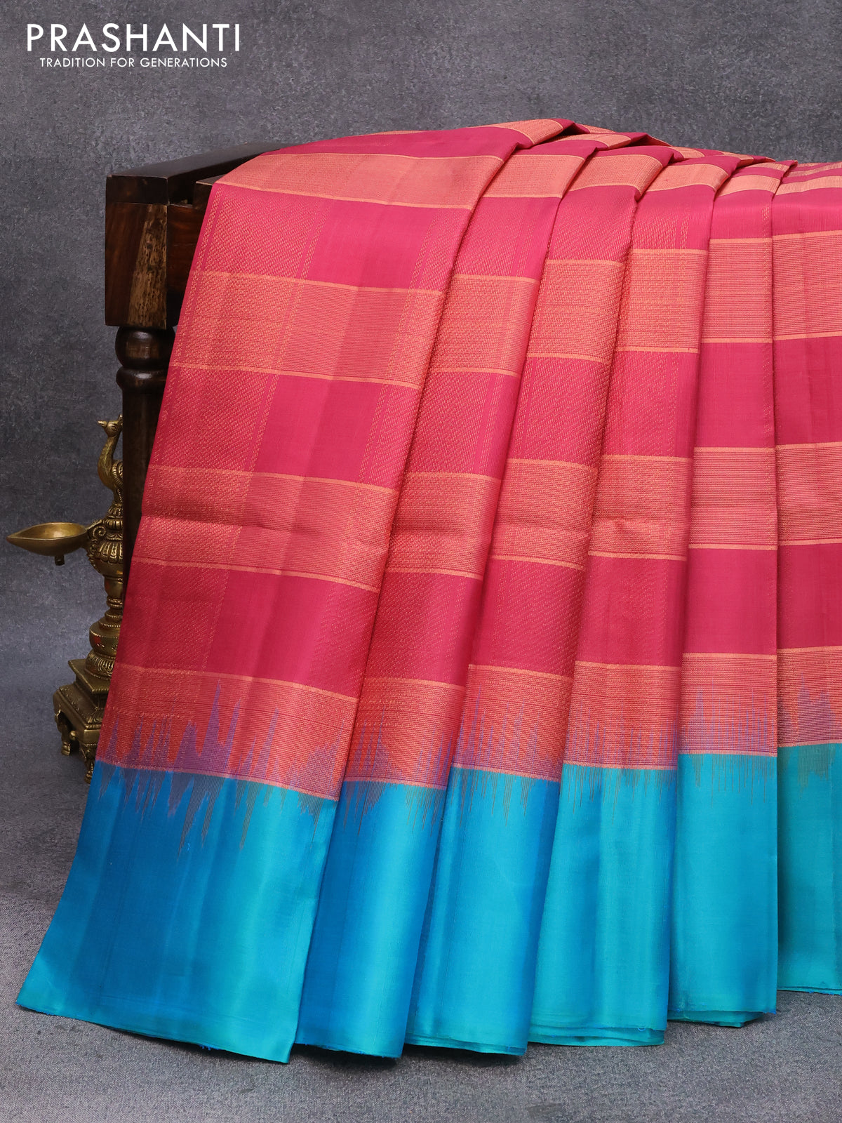 Pure soft silk saree maroon shade and dual shade of bluish green with allover copper zari checked pattern and simple border