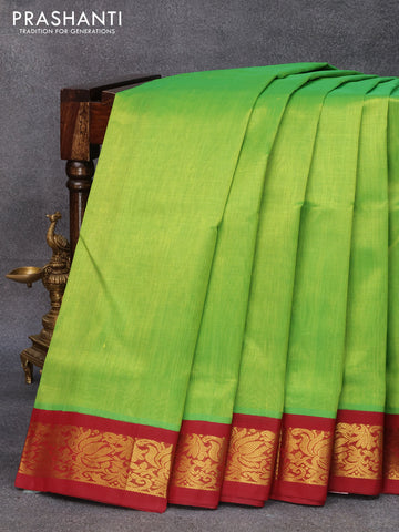 10 yards silk cotton saree light green and maroon with plain body and floral zari woven border without blouse