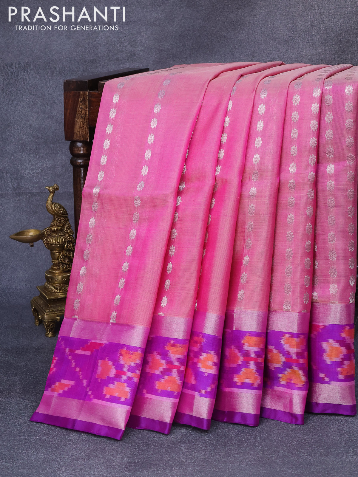 Pure uppada silk saree light pink and dual shade of purple with allover silver zari woven floral buttas and silver zari woven ikat style border