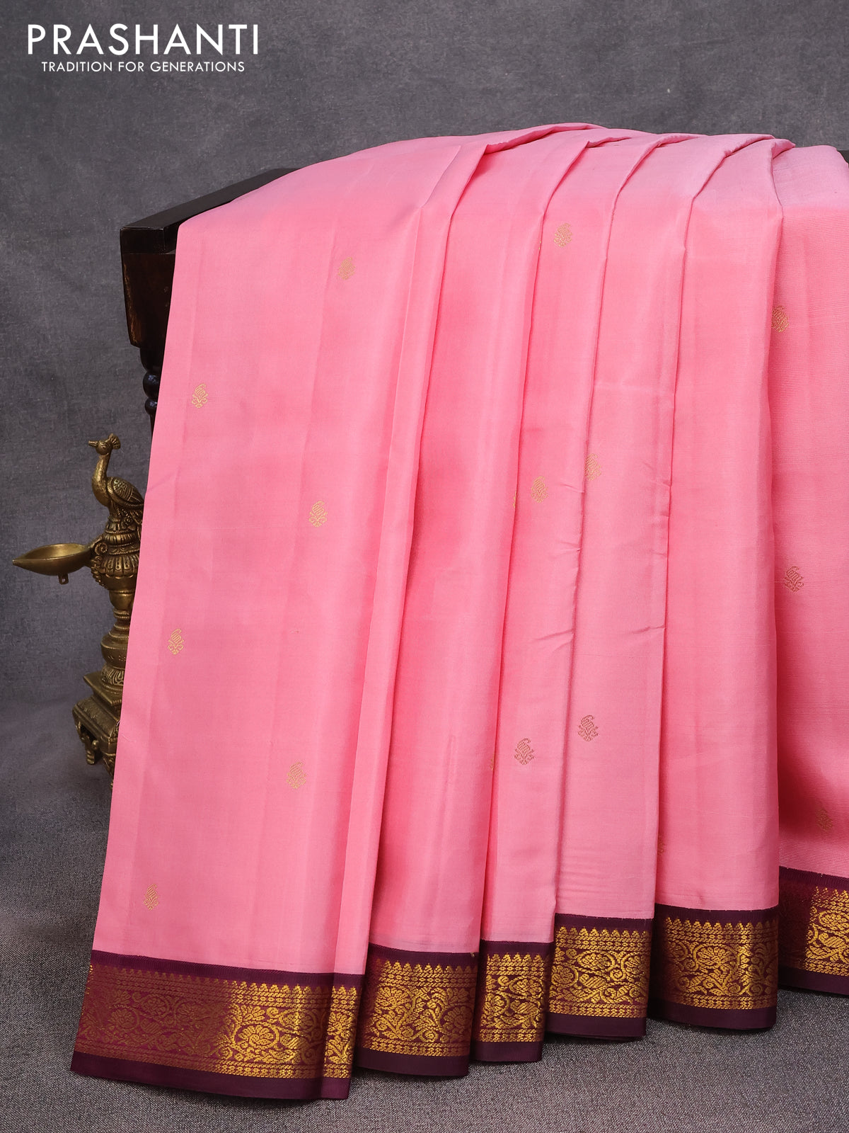 Pure kanjivaram silk saree light pink and purple with zari woven buttas and zari woven korvai border
