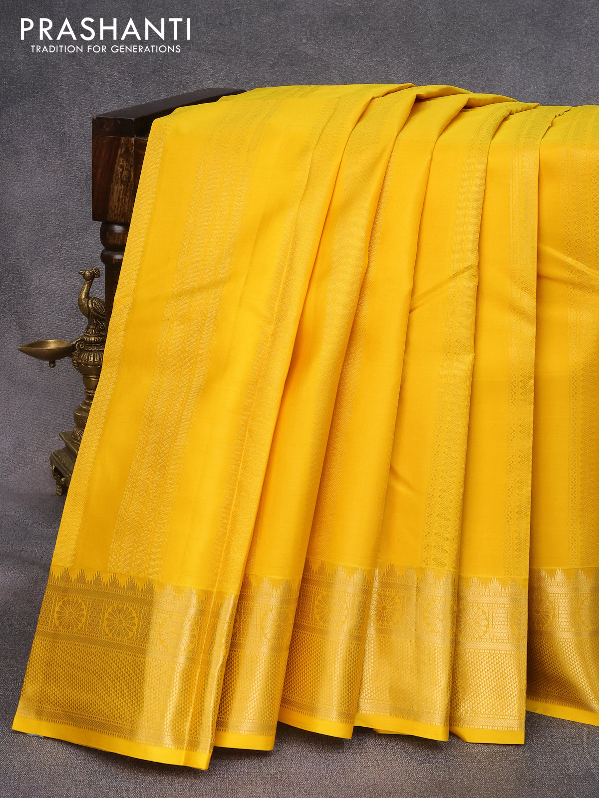 Pure kanjivaram silk saree yellow and deep purple with allover zari weaves and zari woven border