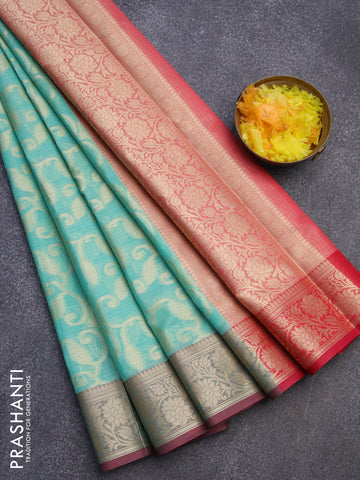 Banarasi kota saree teal blue and pink with allover zari weaves and floral zari woven border