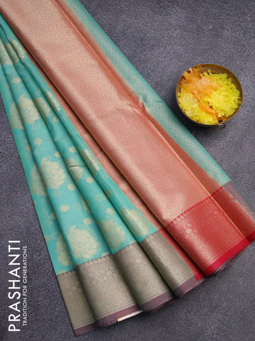 Banarasi kota saree teal blue and red with zari woven floral buttas and zari woven border