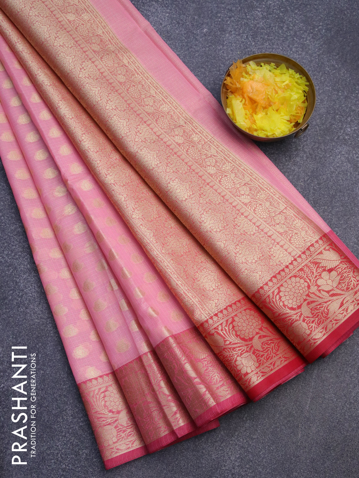 Banarasi kota saree light pink and maroon with allover zari woven buttas and floral zari woven border