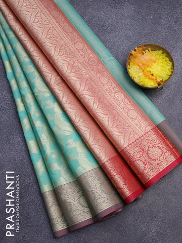 Banarasi kota saree teal blue and maroon with allover zari weaves and zari woven floral border