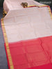 Pure kanjivaram silk saree pastel peach and reddish pink with paisley zari woven buttas and zari woven border