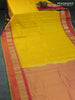 Pure kanjivaram silk saree mango yellow and dual shade of pink with allover self emboss & buttas and temple design rettapet zari woven border