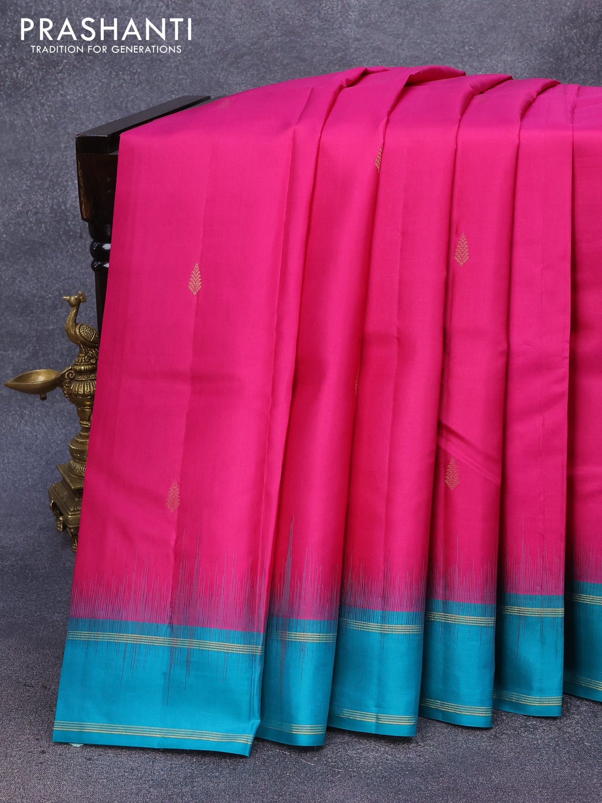 Pure kanjivaram silk saree pink and teal green with zari woven buttas and rettapet zari woven border