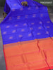 Pure kanjivaram silk saree royal blue and dual shade of pinkish orange with peacock zari woven buttas in borderless style