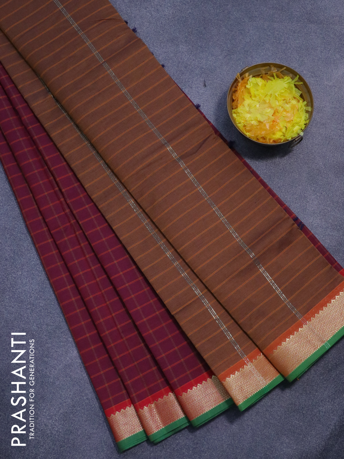 10 yards semi silk cotton saree maroon and dark mustard with allover checked pattern and zari woven border