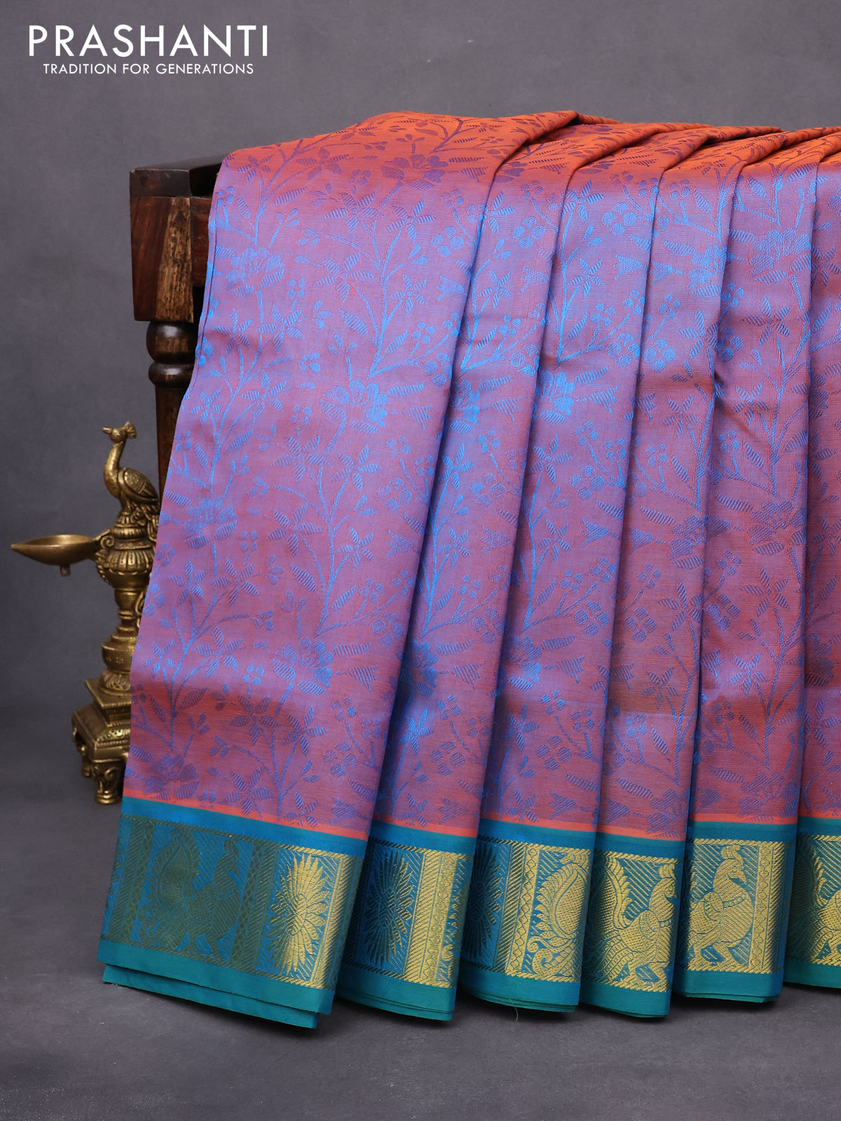 10 yards silk cotton saree dual shade of bluish orange and teal blue with allover self emboss jacquard and zari woven border