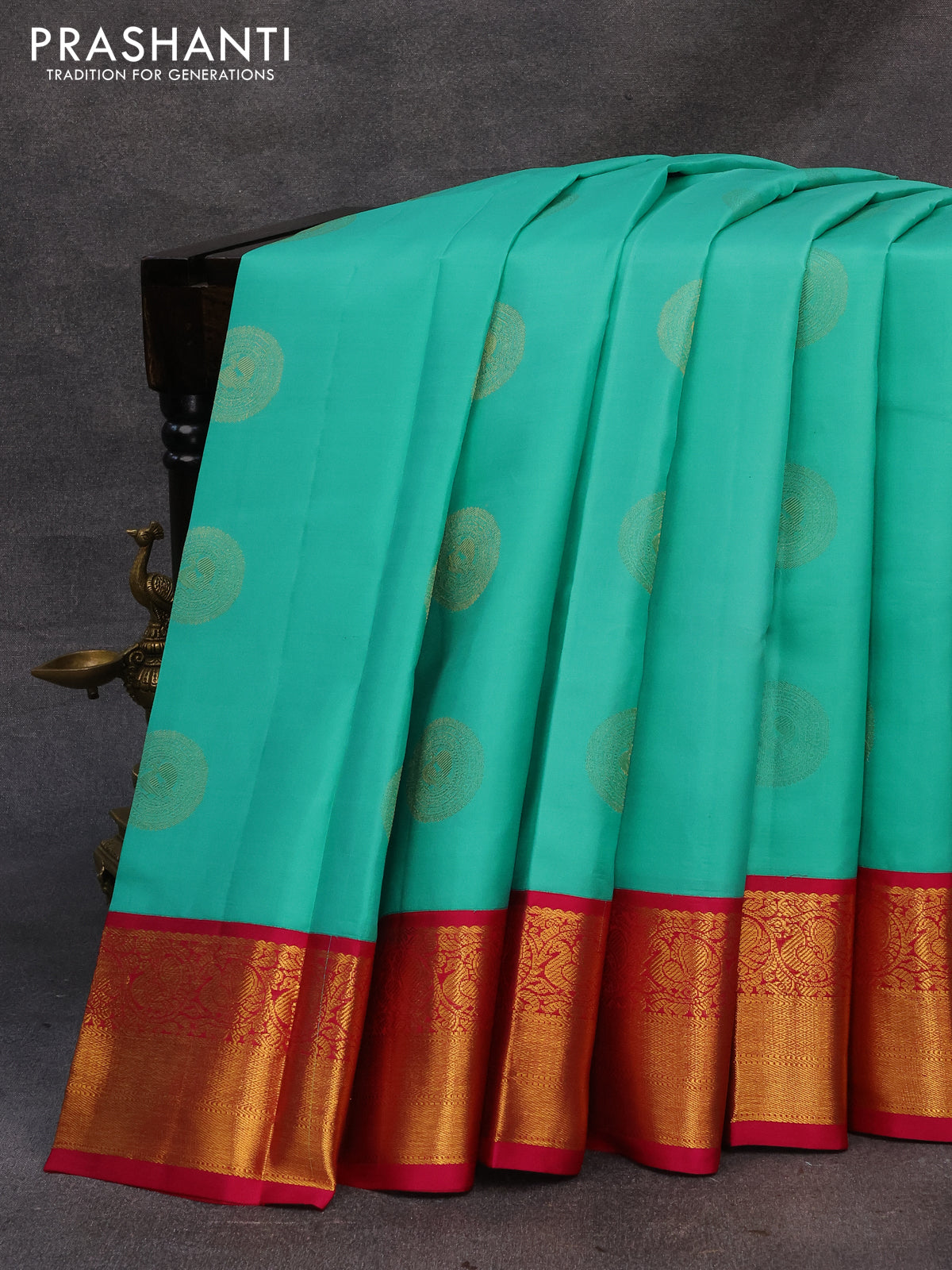 Pure kanjivaram silk saree teal blue and pink with zari woven buttas and rich annam zari woven korvai border