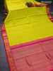 Pure kanjivaram silk saree lime yellow and pink with allover zari weaves & floral buttas and zari woven annam korvai border