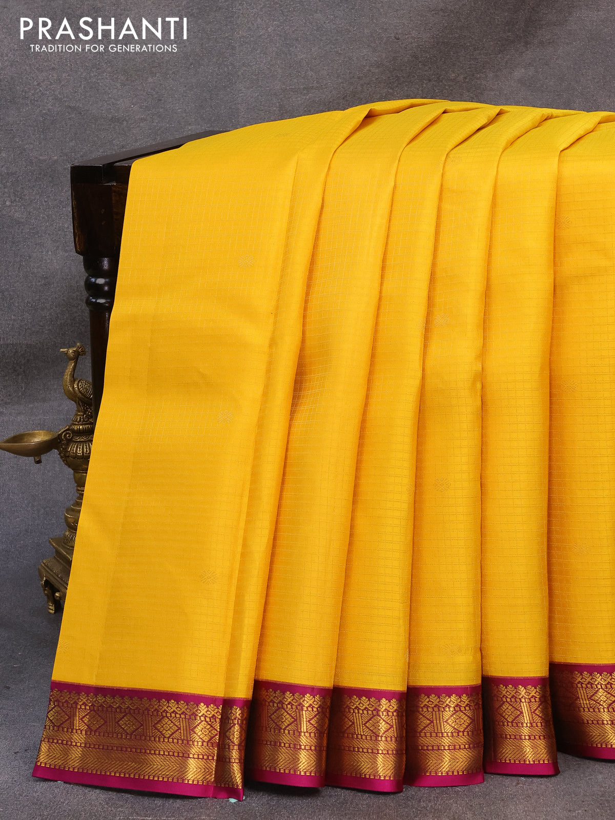 Pure kanjivaram silk saree mango yellow and purple with allover zari checks & buttas and zari woven korvai border