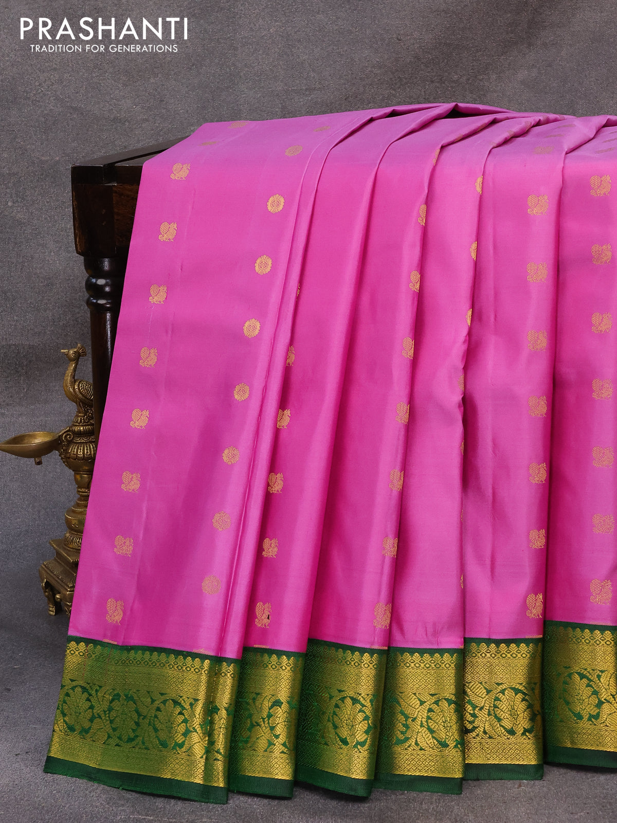 Pure kanjivaram silk saree pink shade and green with zari woven buttas and zari woven korvai border