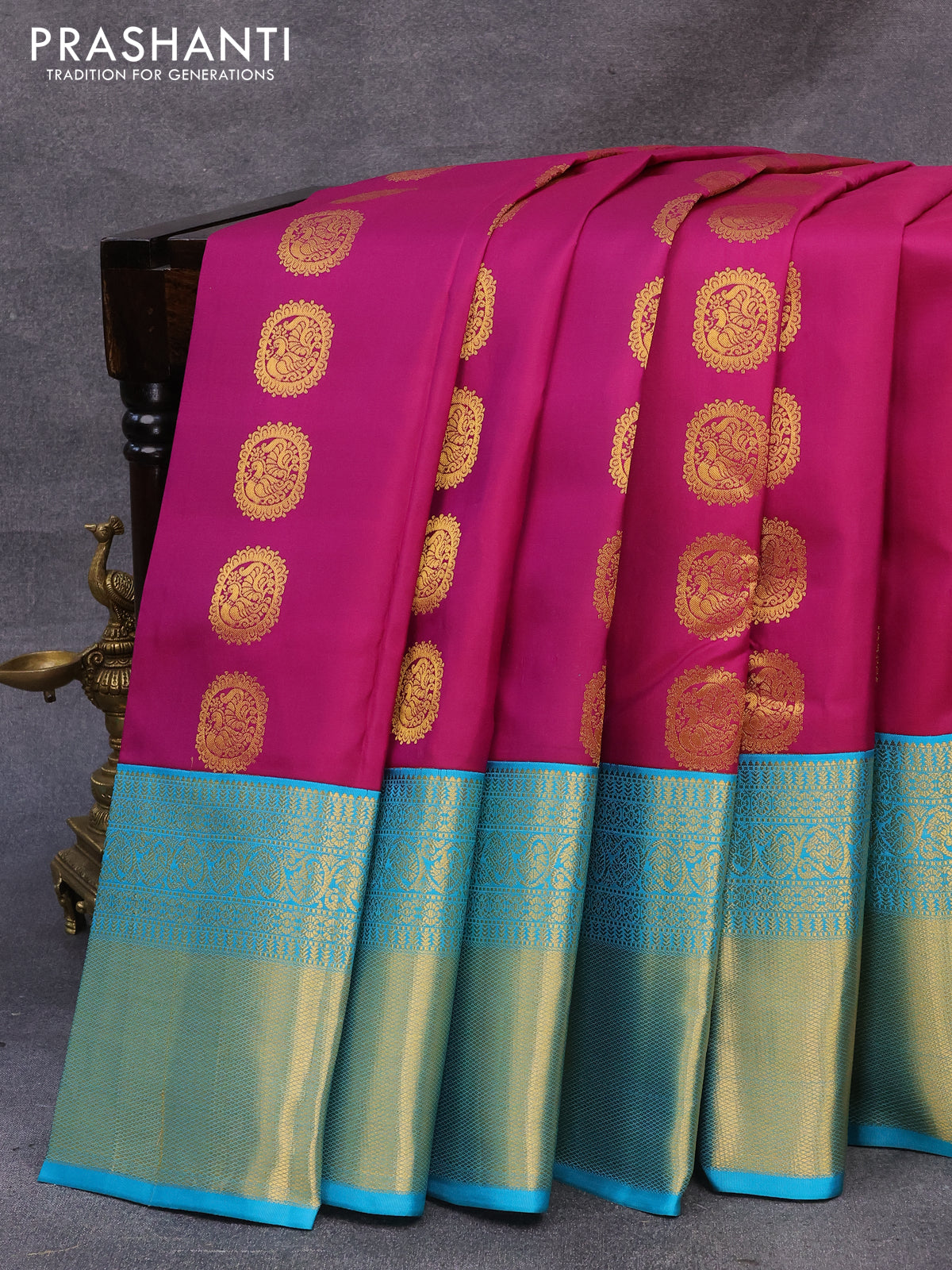 Pure kanjivaram silk saree purple and teal blue with annam zari woven buttas and long zari woven korvai border