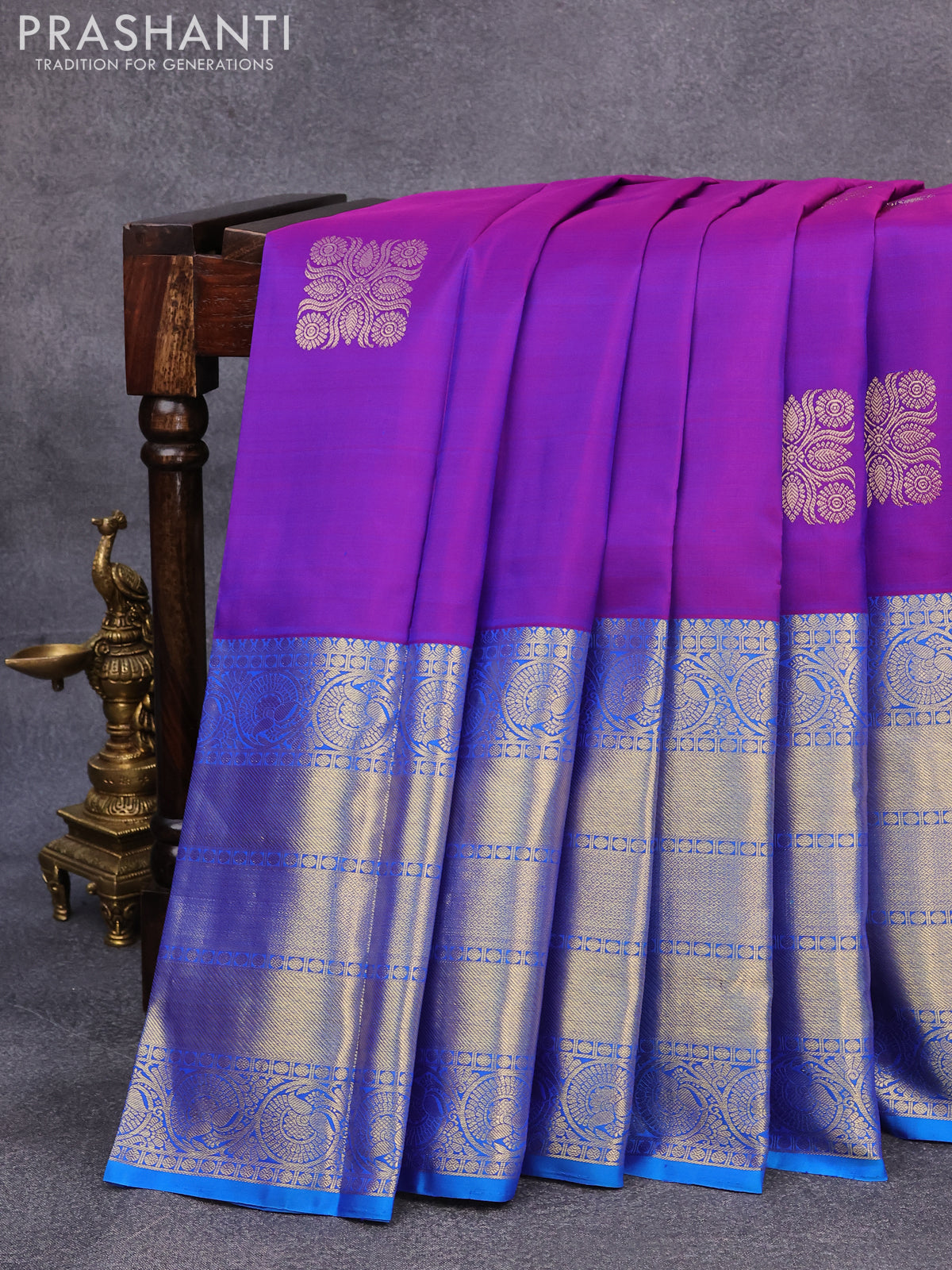 Pure kanjivaram silk saree purple and cs blue with zari woven buttas and long floral zari woven border butta style