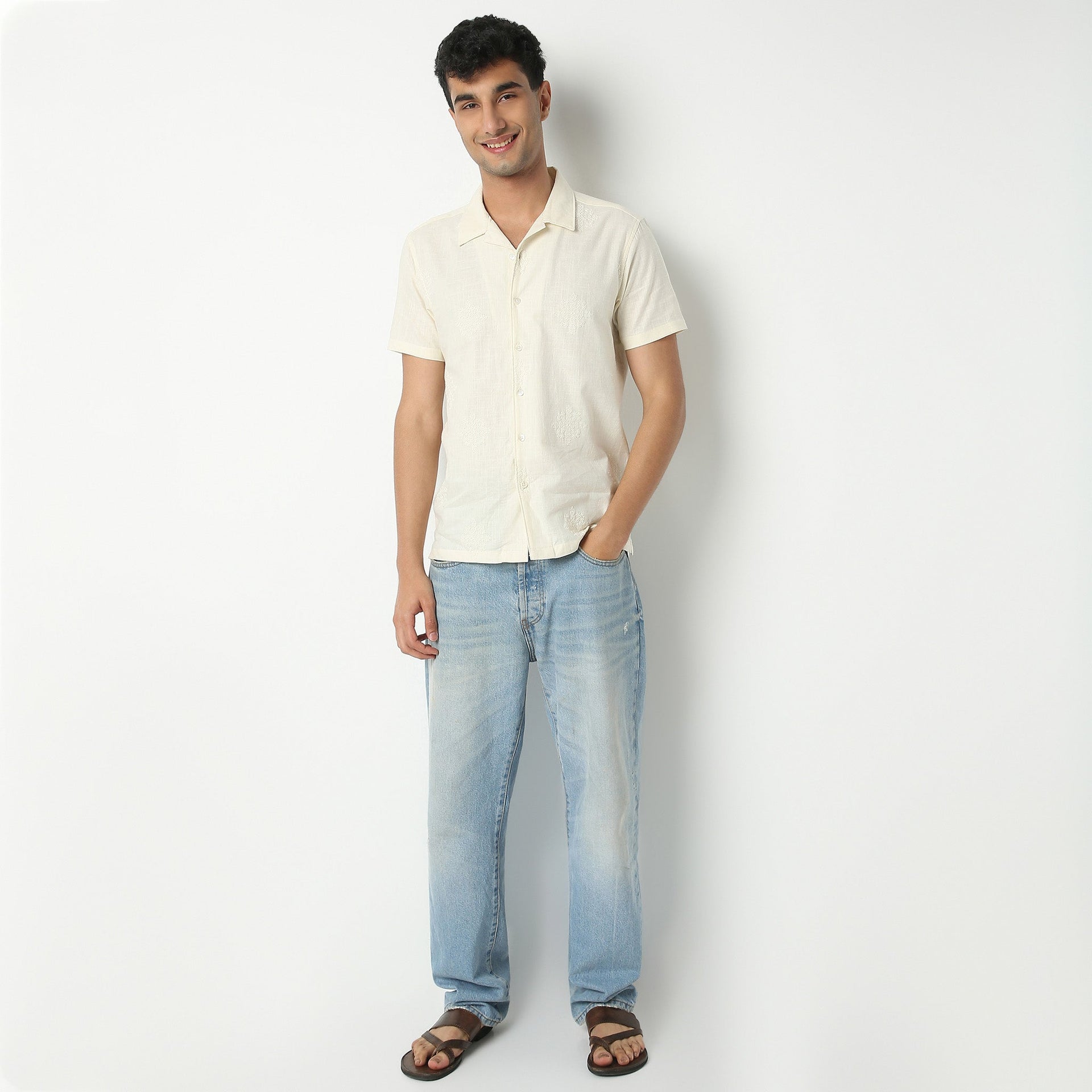 Camp Collar Half Sleeve Relaxed Fit Cuban Embroidered Shirt