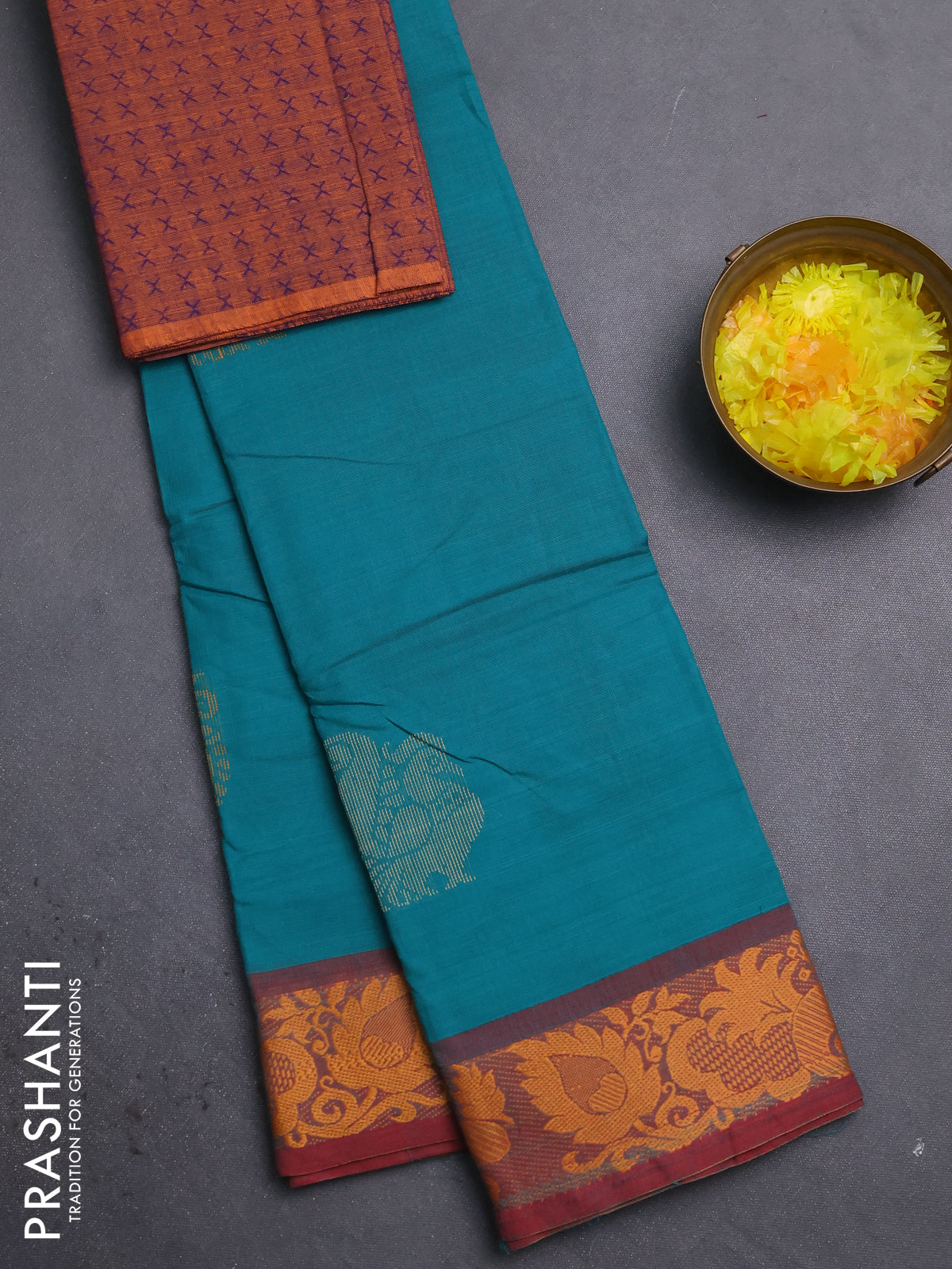 Chettinad cotton saree teal green and maroon with thread woven buttas and thread woven border