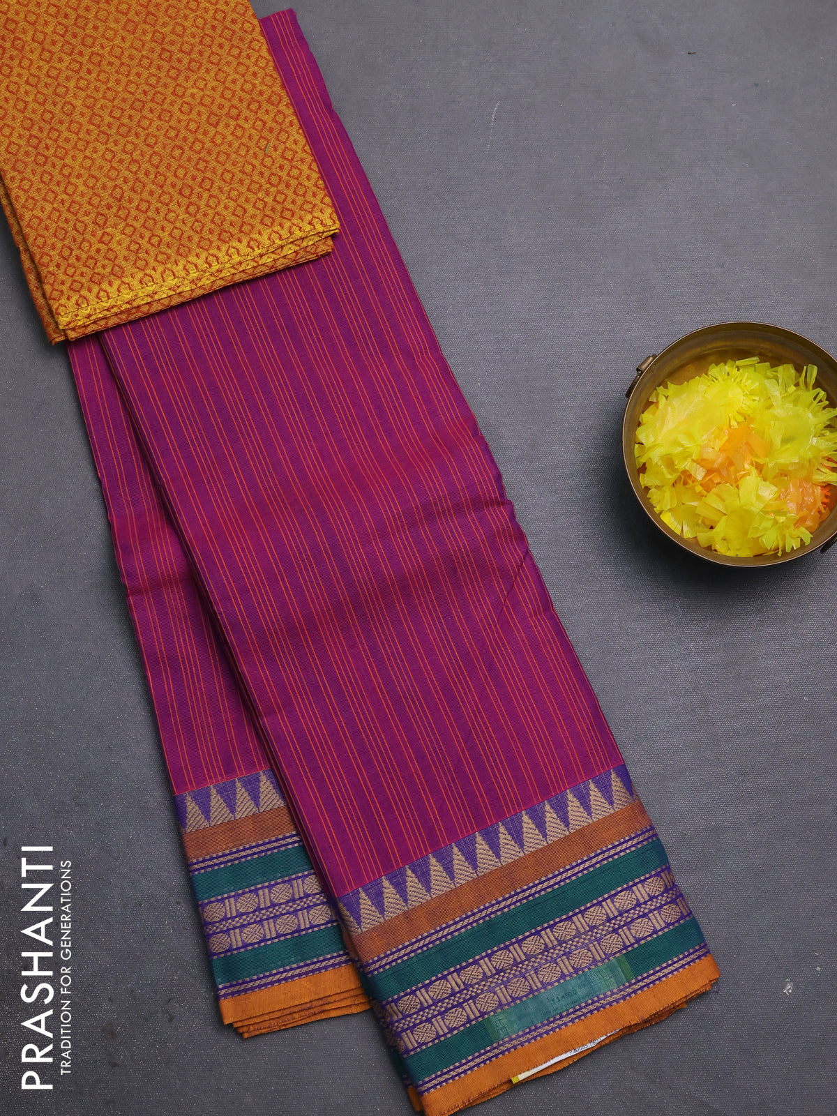 Chettinad cotton saree purple and dark mustard with allover stripe pattern and thread woven border