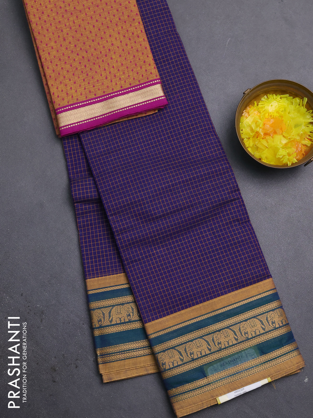 Chettinad cotton saree peacock blue and mustard shade with allover cheked pattern and thread woven border