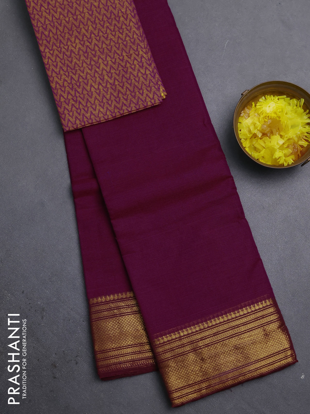 Chettinad cotton saree dark magenta pink with allover small checked pattern and zari woven border