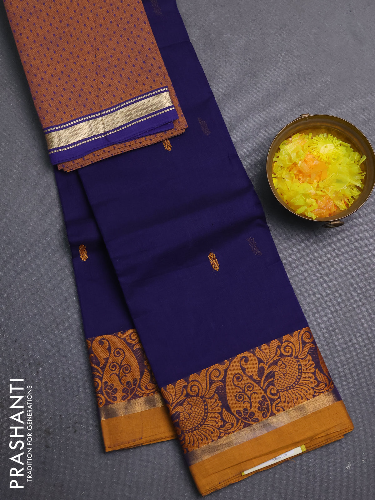 Chettinad cotton saree navy blue and dark mustard with thread woven buttas and thread woven simple border