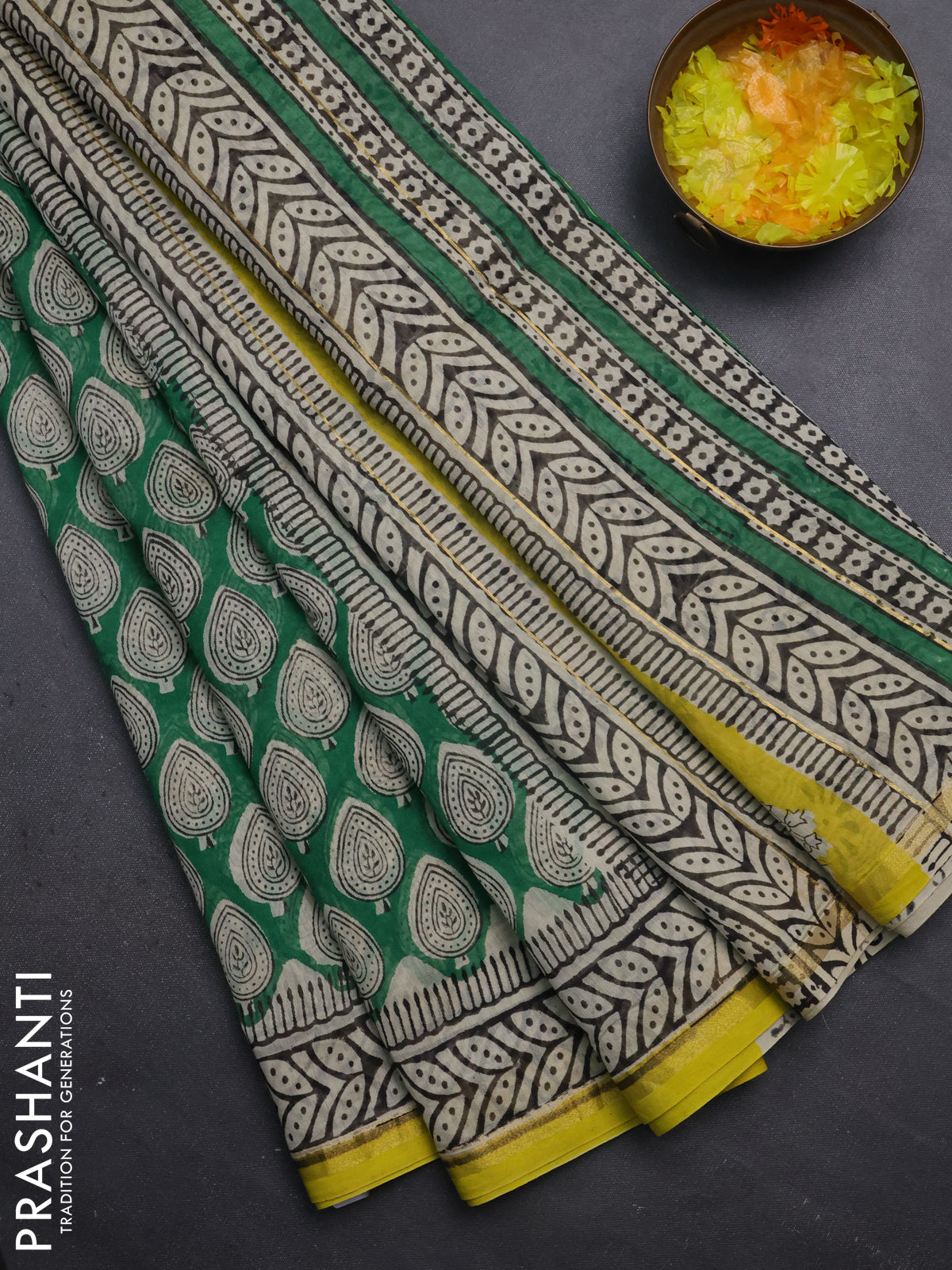 Chanderi bagru saree green and yellow with allover butta prints and small zari woven border