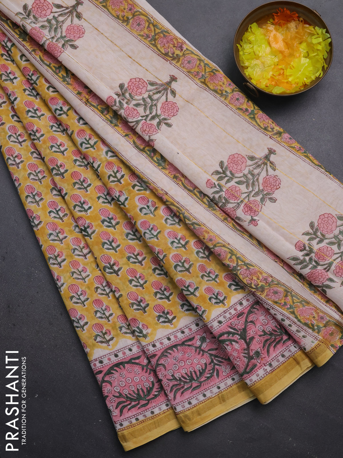 Chanderi bagru saree mustard yellow and peach pink with allover floral butta prints and small zari woven border