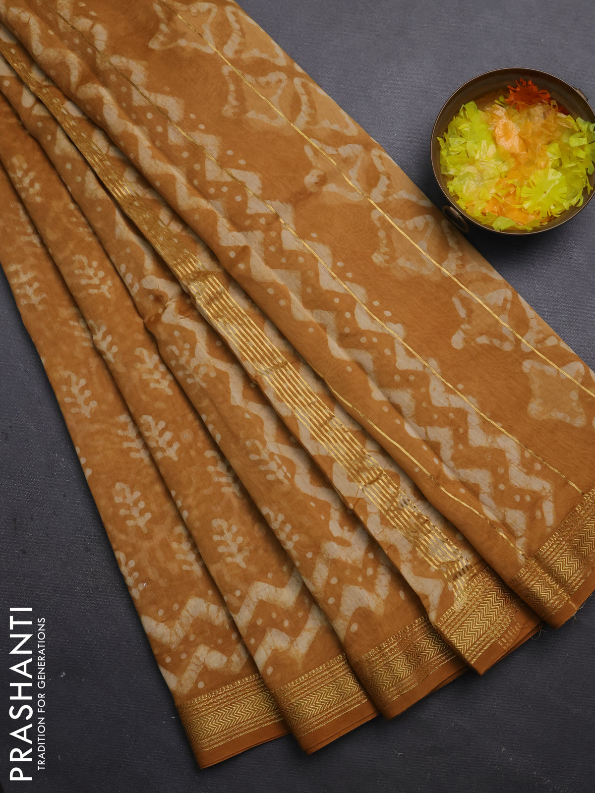 Chanderi bagru saree mustard yellow with allover ikat prints and maheshwari border