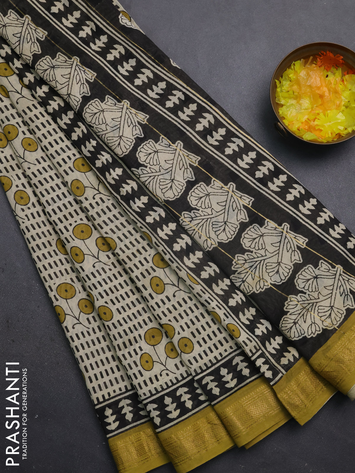 Chanderi bagru saree cream and yellow with allover prints and maheshwari border