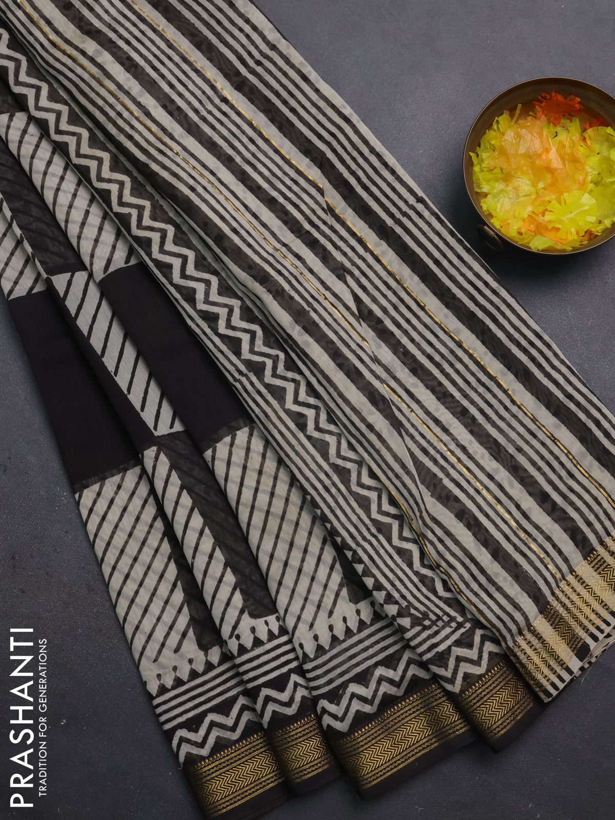Chanderi bagru saree beige and black with allover geometric prints and maheshwari border
