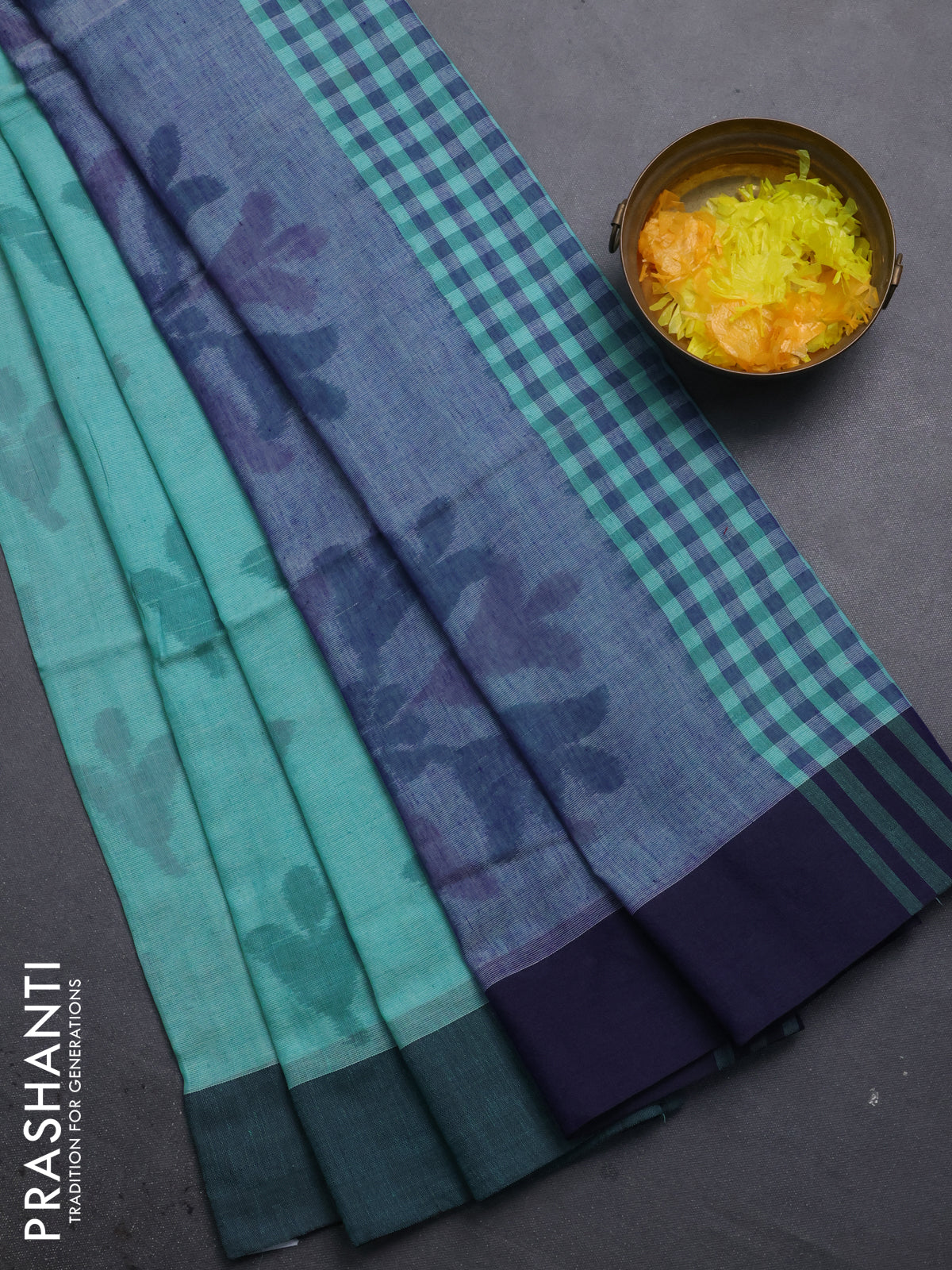 Bengal soft cotton saree teal green and blue with allover butta weaves and simple border