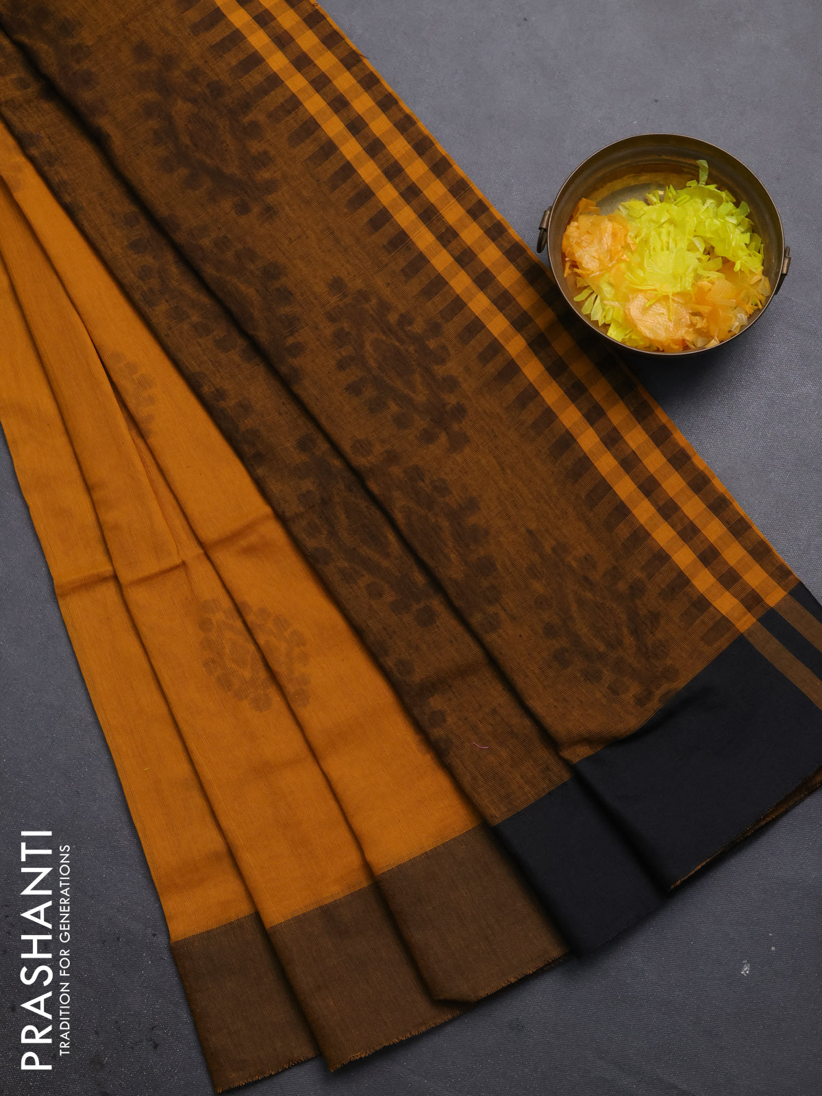 Bengal soft cotton saree dark mustard and black with allover butta weaves and simple border