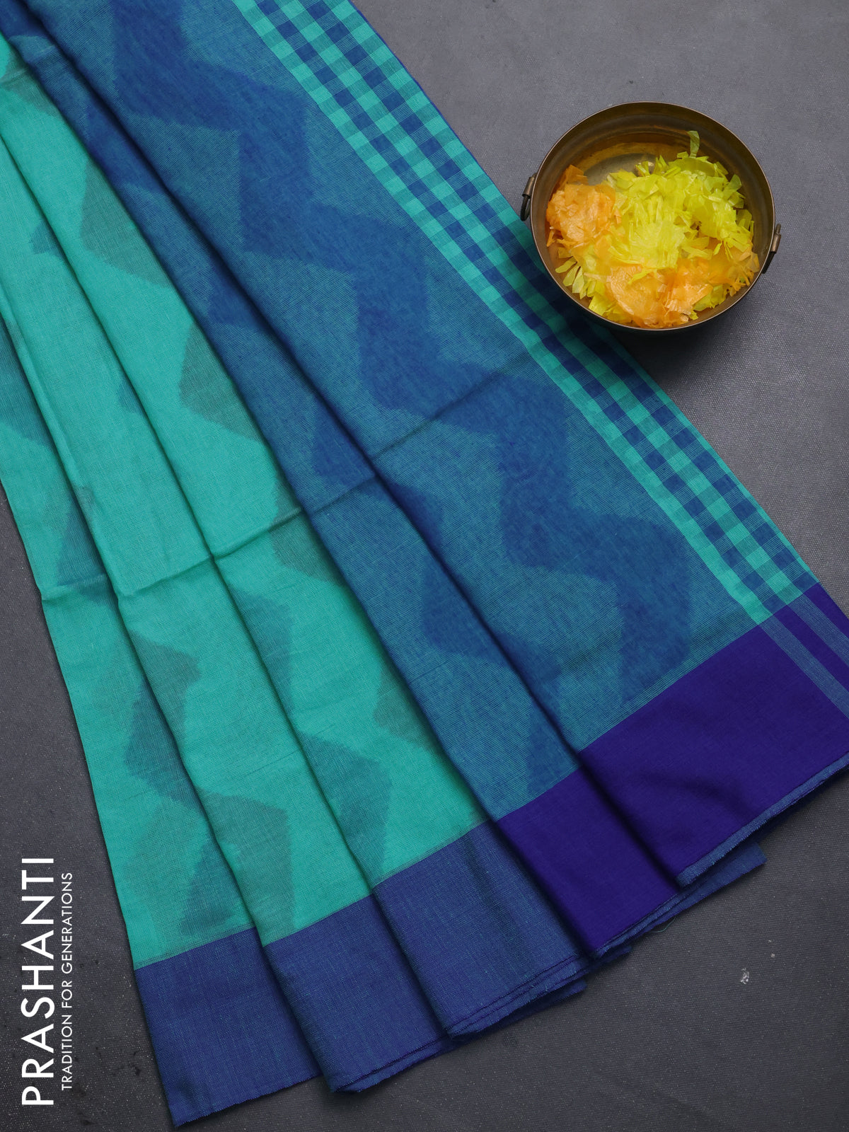 Bengal soft cotton saree teal blue and blue with allover weaves and simple border