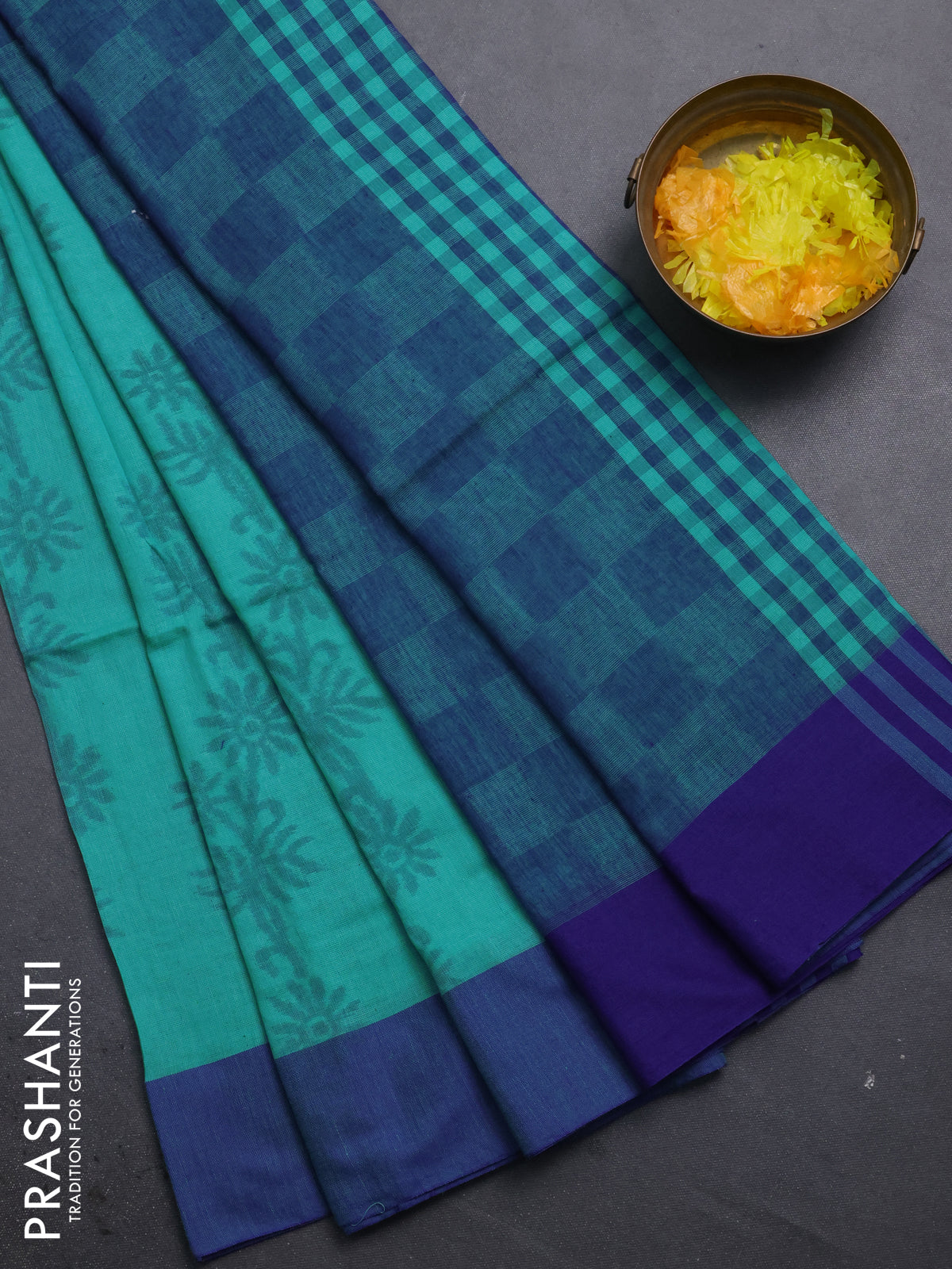 Bengal soft cotton saree teal blue and navy blue with allover weaves and simple border