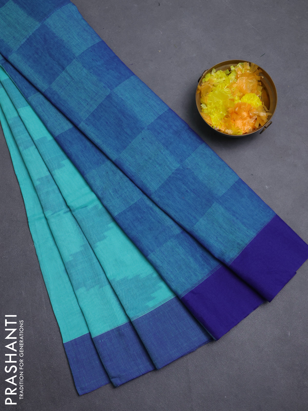 Bengal soft cotton saree teal blue and blue with allover weaves and simple border