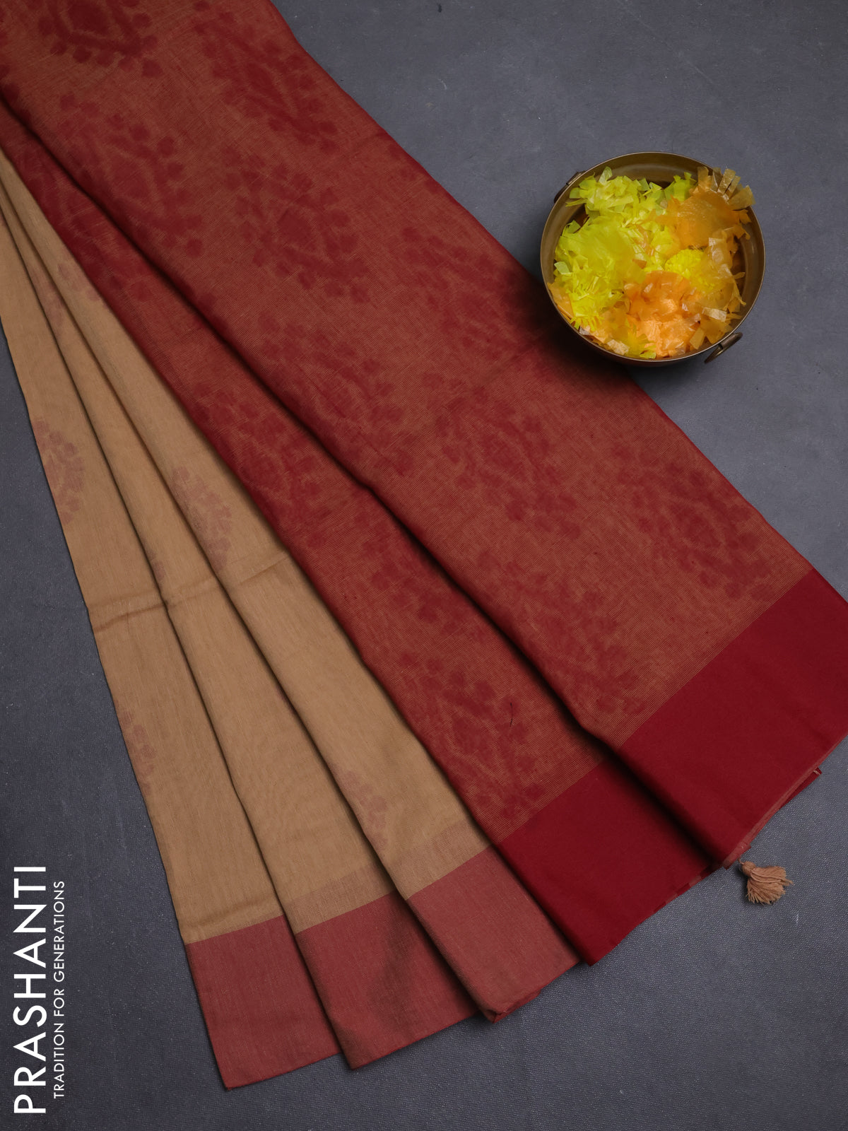 Bengal soft cotton saree sandal and maroon with butta weaves and simple border