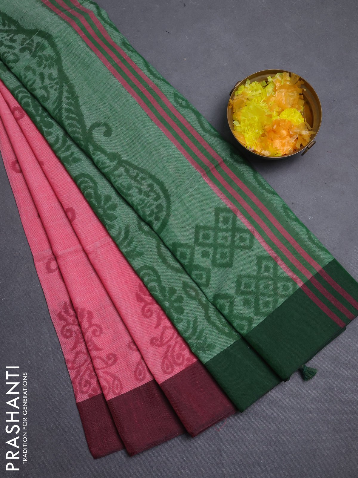 Bengal soft cotton saree peach pink and green with allover weaves and simple border