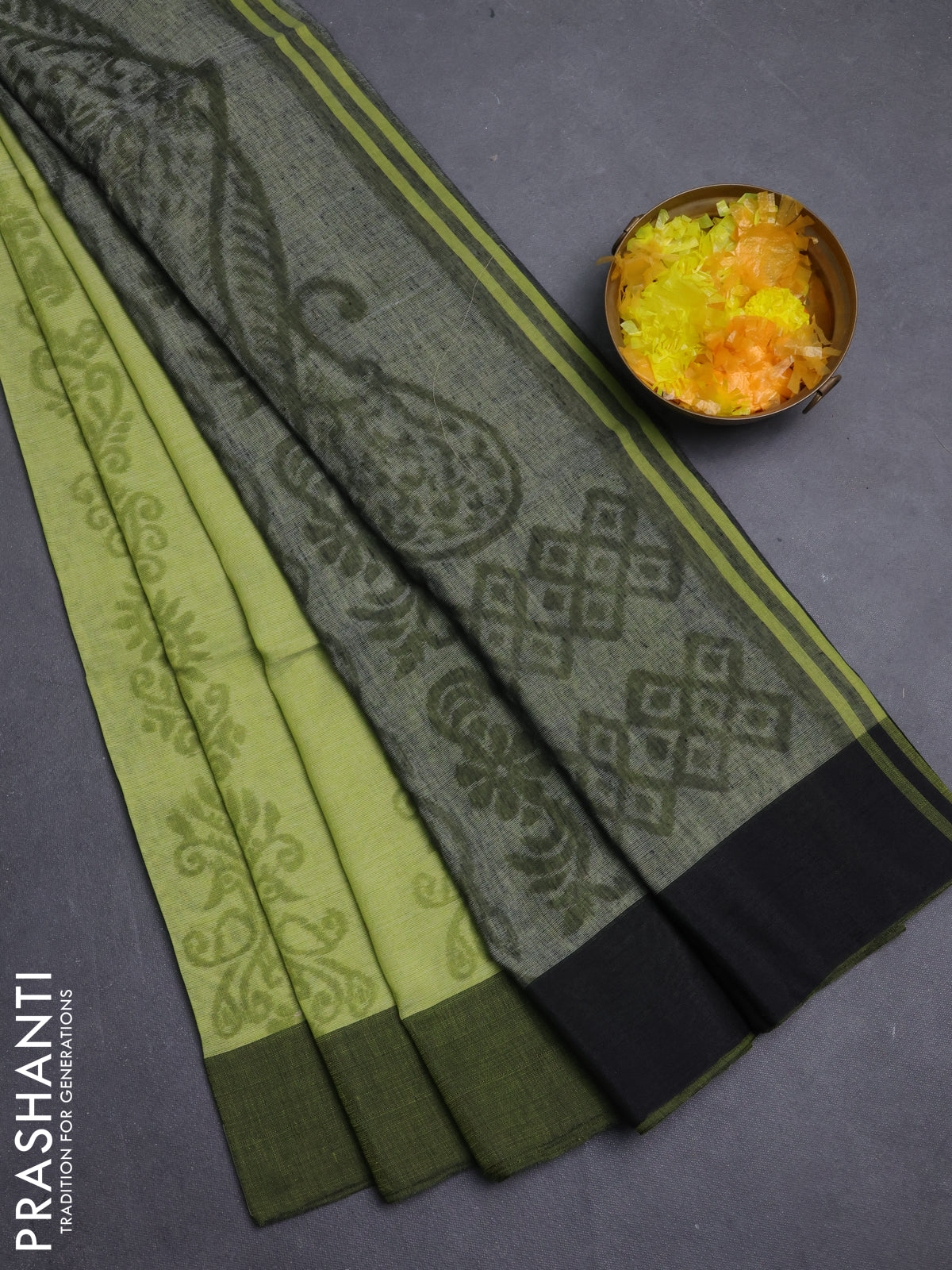 Bengal soft cotton saree light green and grey with allover weaves and simple border