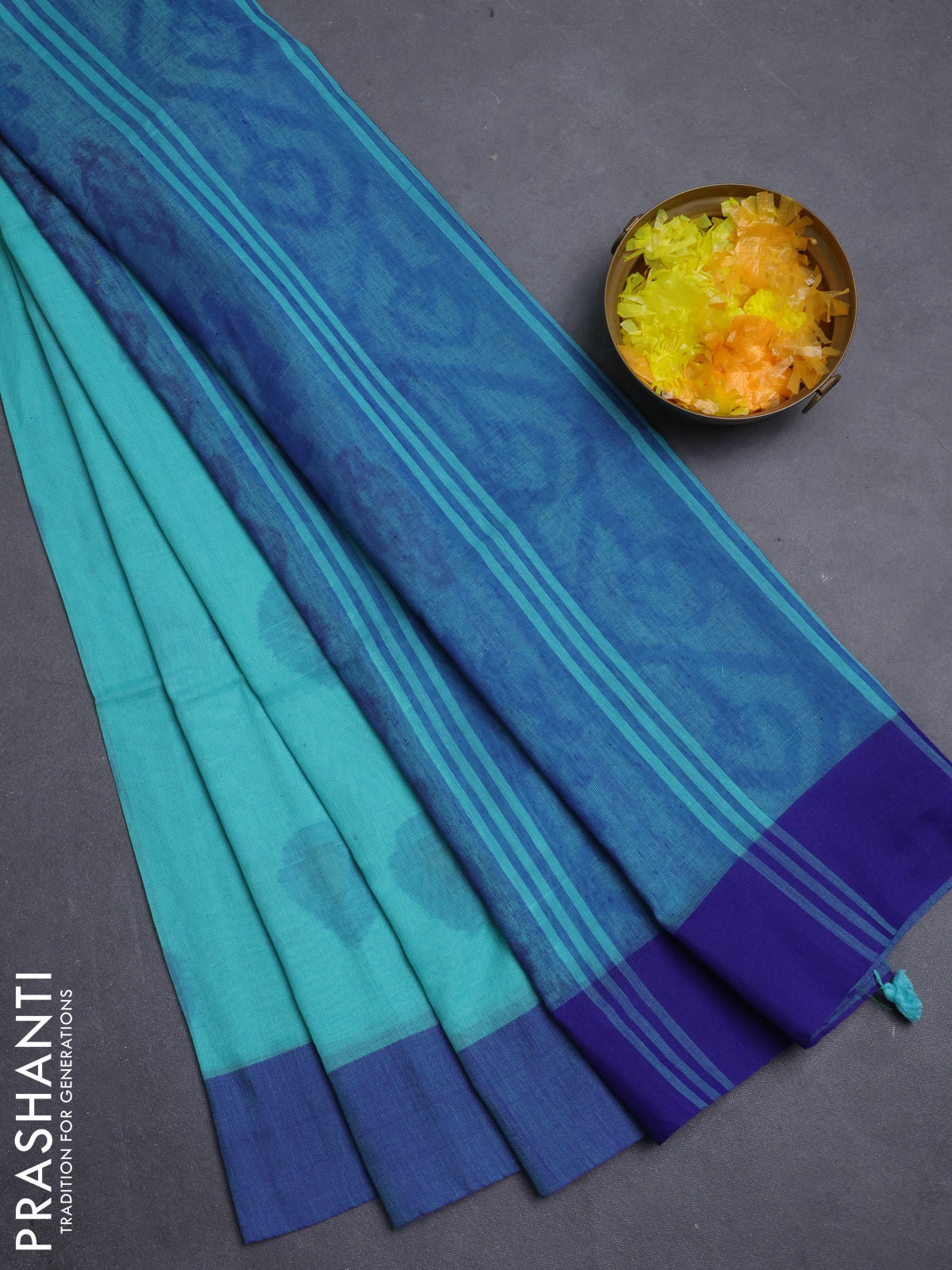 Bengal soft cotton saree teal blue and blue with allover weaves and simple border